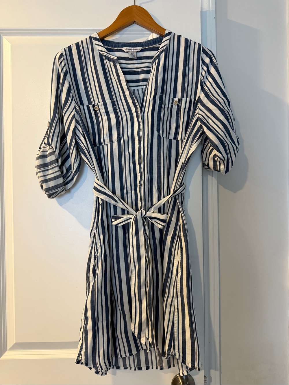 Tommy Bahama Navy and White Striped Tie-Waist Shirt Dress